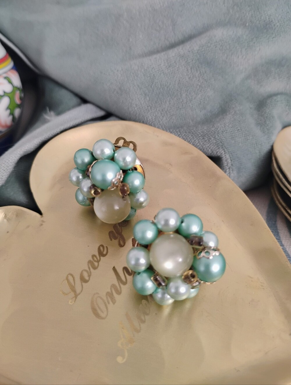 Vintage, Turquoise Pearl Statement Earrings, Clip On, Made In Japan